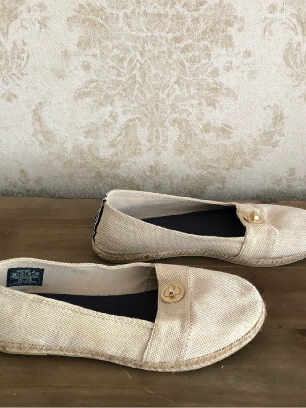 Nautica Beige Canvas Espadrille Slip-Ons with Gold Button